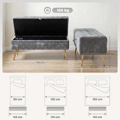 HOMCOM Storage Ottoman, Chenille Upholstered Ottoman Storage Box with Padded Seat, Metal Legs, 114 x 41 x 45 cm, Grey