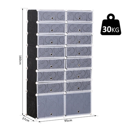 HOMCOM 16 Cube Shoe Rack, 2 x 8 Tier Shoe Storage Cabinet, Modular Plastic Shelves for Bedroom, Living Room and Entryway, Space Saving Footwear Organizer, 32 Pairs, White and Black