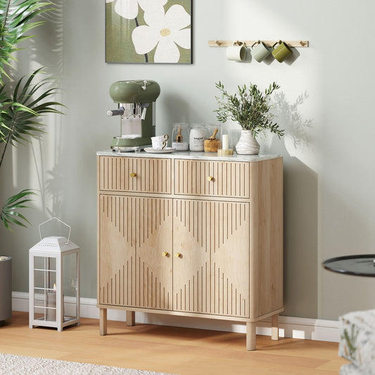 HOMCOM Sideboard Storage Cabinet, Fluted Kitchen Cupboard with Marble-Effect Top, 2 Drawers, 2 Doors and Adjustable Shelf, Oak