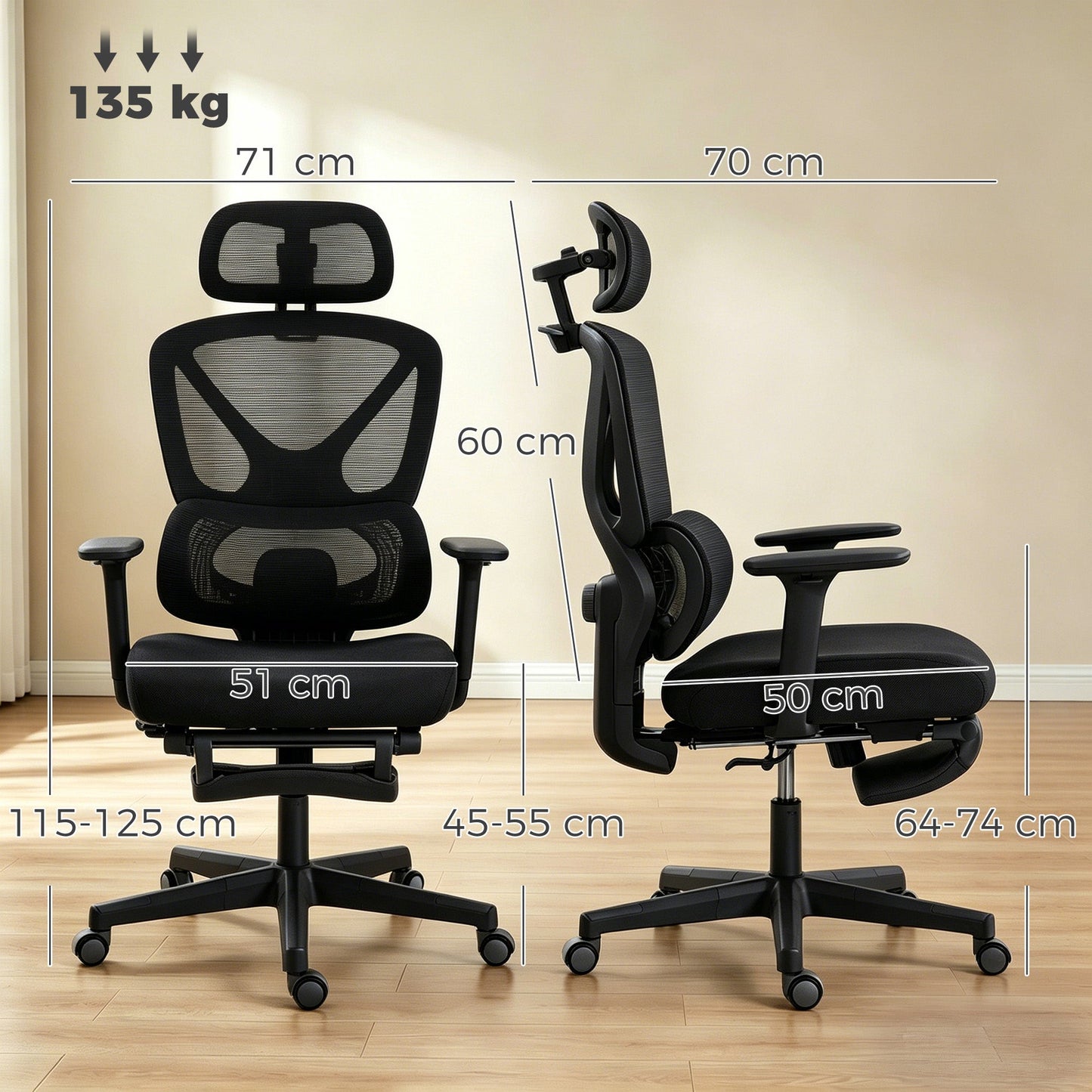 HOMCOM Mesh Desk Chair with 3D Armrests, Ergonomic Office Chair with Rotatable Headrest, Black