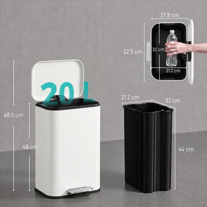 HOMCOM 20 L Kitchen Pedal Bin, Metal Rubbish Bin with Removable Inner Bucket, Soft-Close & Stay-Open Lid, Cream White