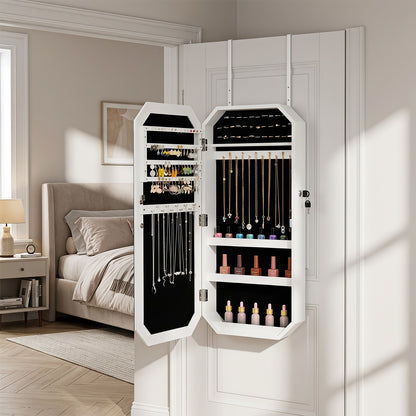 Lockable Full-Length Mirror Jewelry Cabinet with Storage Shelves for Bedroom-White