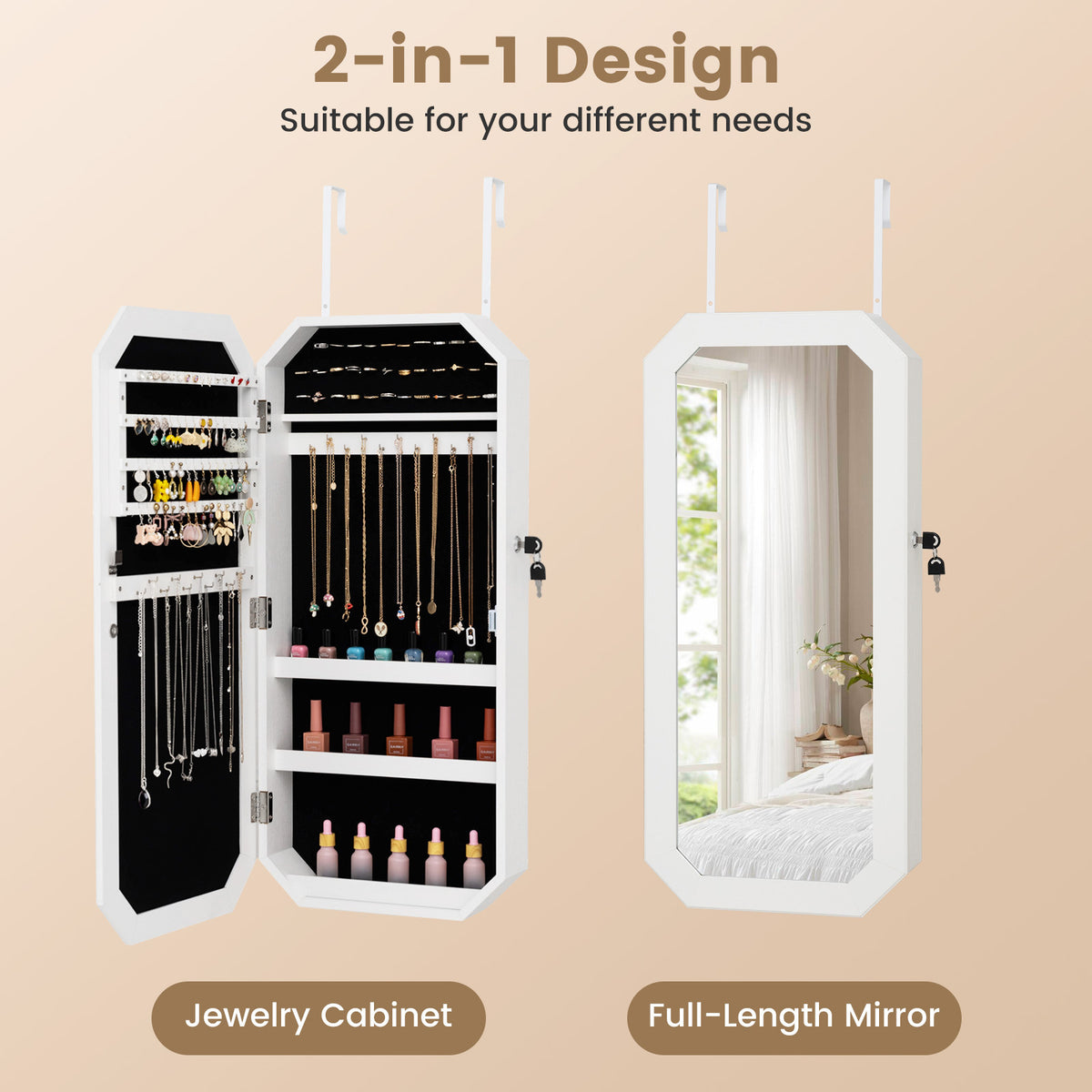 Lockable Full-Length Mirror Jewelry Cabinet with Storage Shelves for Bedroom-White