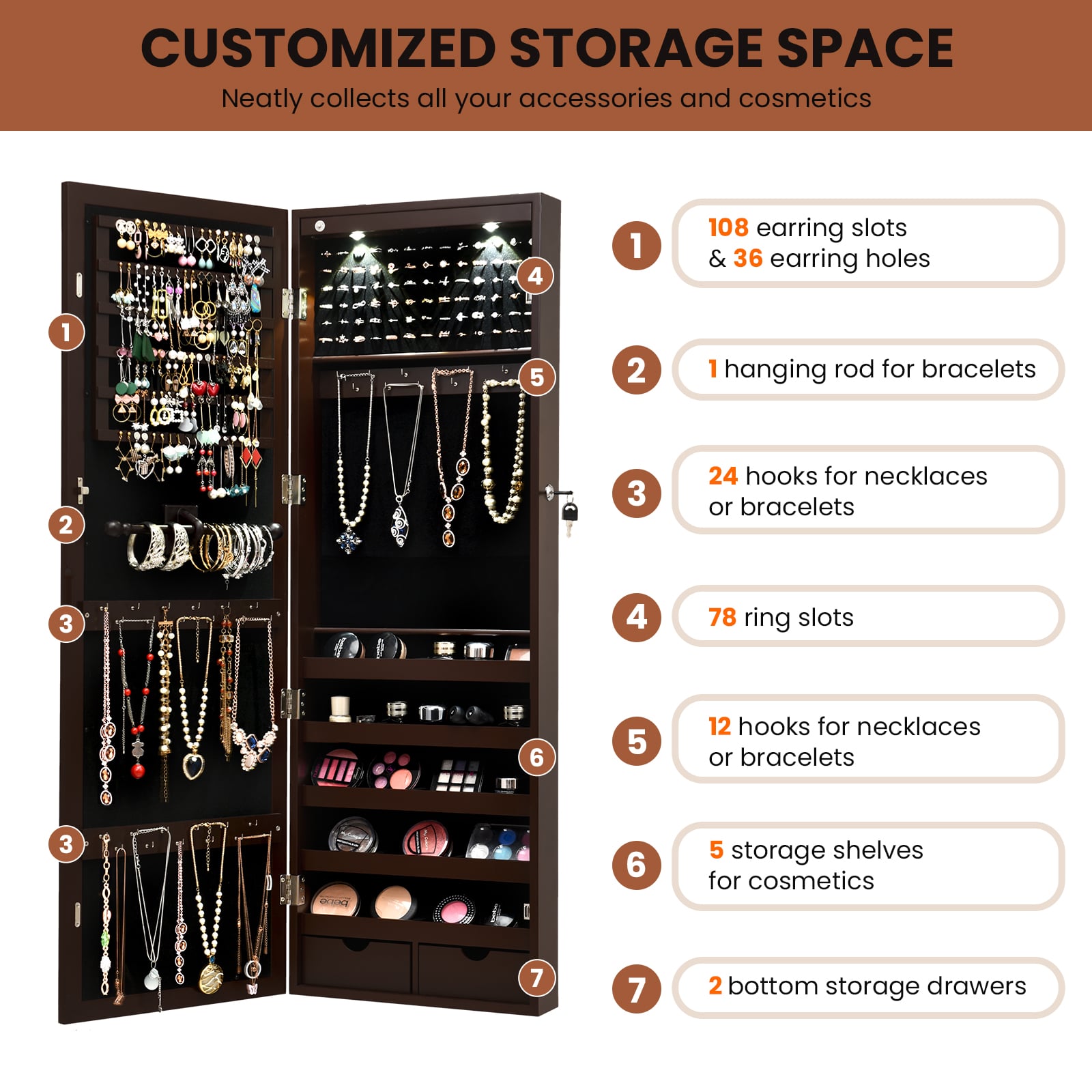 Lockable Jewelry Cabinet with Full Length Mirror and LED Lights-Brown
