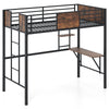 Loft Bed Single Size Heavy Duty Metal Bedframe with Desk-Rustic Brown