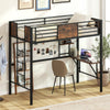 Loft Bed Single Size Heavy Duty Metal Bedframe with Desk-Rustic Brown