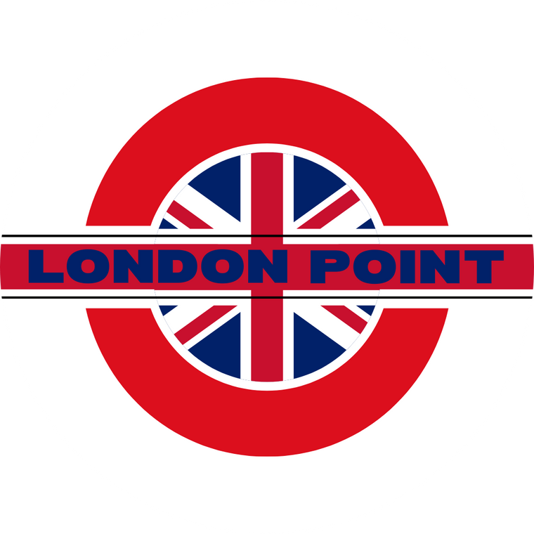Logo of London Point with a red circle and British flag design on a white background