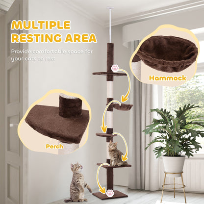 PawHut Floor to Ceiling Cat Tree 230-260cm Height Adjustable, 5-Tier Cat Tower with Scratching Posts, Hammock, Perches, Climbing Activity Centre for Indoor Kittens Playing and Relaxing, Brown