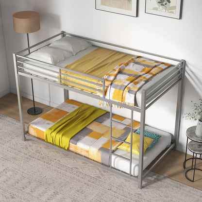 Low Profile Single Over Single Bunk Beds with Ladder and Full-length Guardrails-Silver