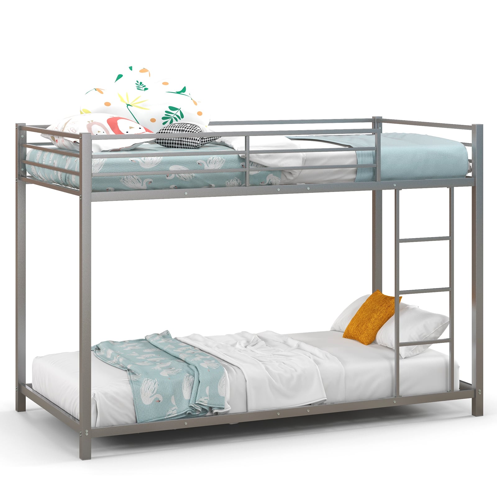Low Profile Single Over Single Bunk Beds with Ladder and Full-length Guardrails-Silver