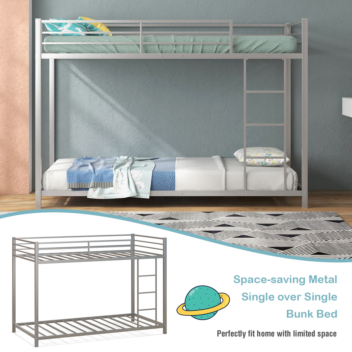 Low Profile Single Over Single Bunk Beds with Ladder and Full-length Guardrails-Silver