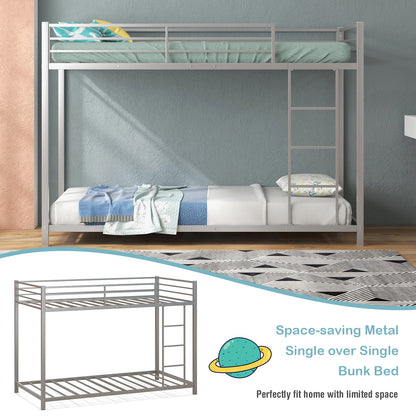 Low Profile Single Over Single Bunk Beds with Ladder and Full-length Guardrails-Silver
