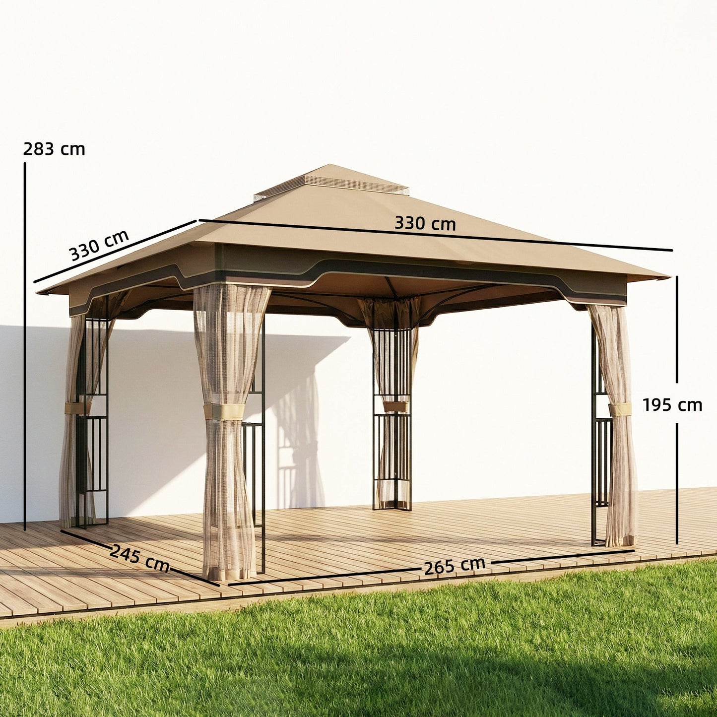 مظلة حديقة خارجية Outsunny 3.3 × 3.3 متر مع أرفف أعمدة، جناح فناء دائم UPF50+ بخطاف، كاكي
