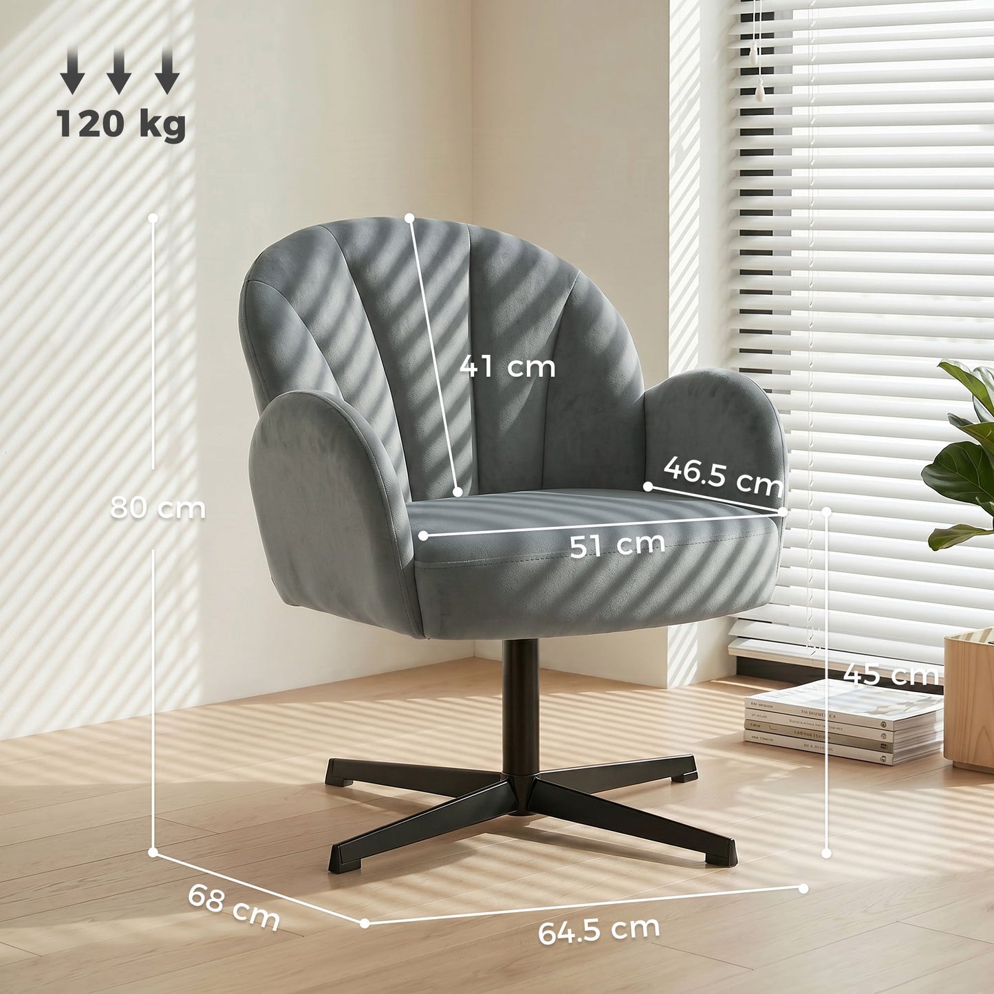 HOMCOM Swivel Accent Chair, Shell-Shaped Armchair with Spring Cushion, Metal Base, Grey