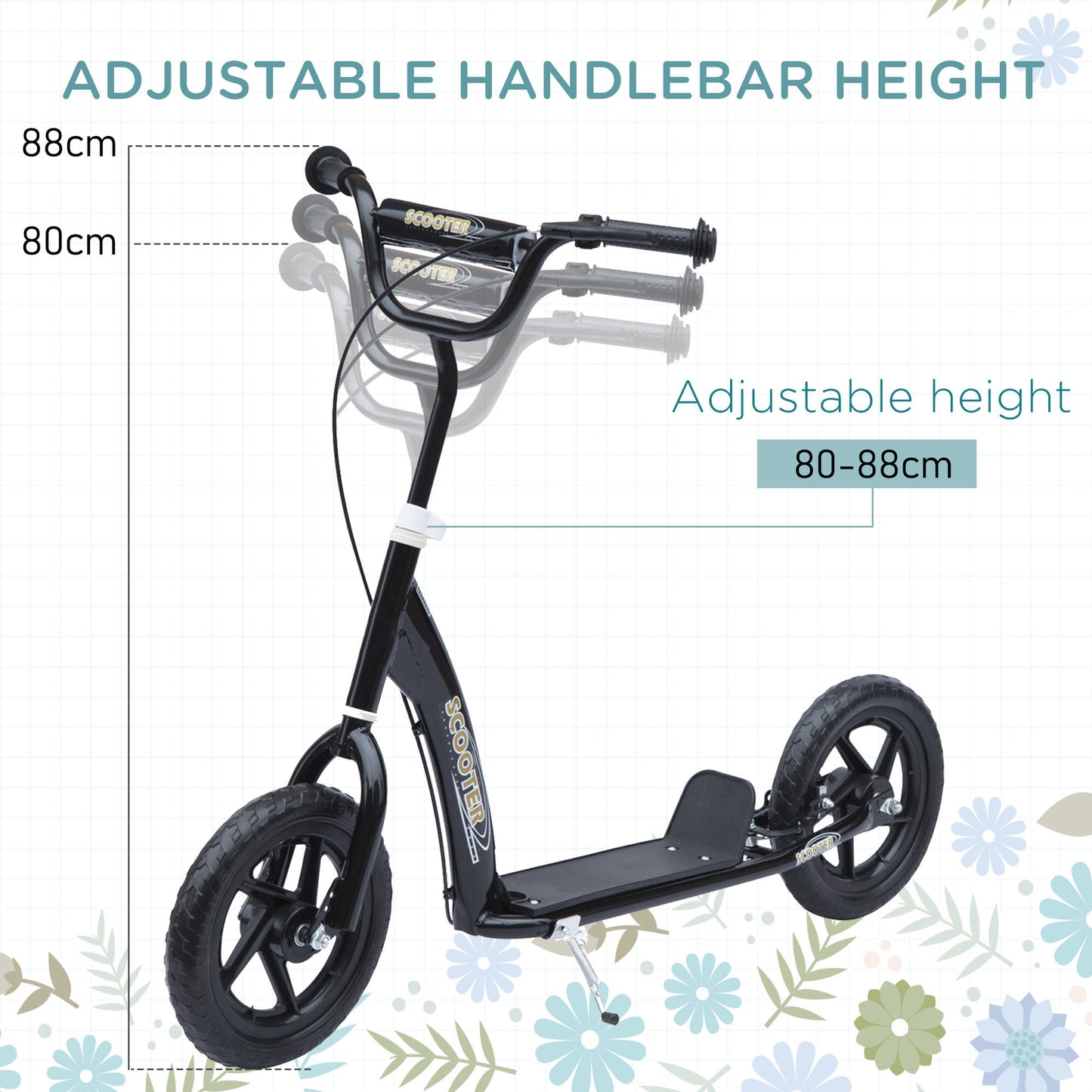 HOMCOM Kids Scooter Kick Scooter, with 12" EVA Tyres, Rear Brake, Big Wheels Scooter for 5-12 Years , Black