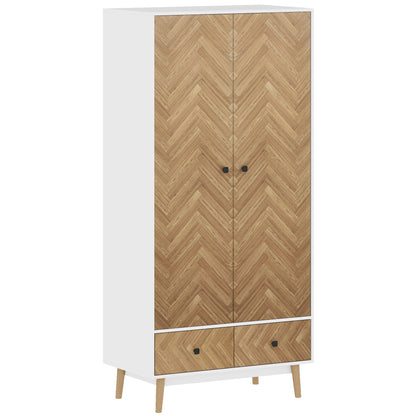HOMCOM Cabinet Wood-Effect Sticker Surface, Modern Wardrobe with 2 Hanging Rods, 2 Storage Shelves and 2 Drawers, White