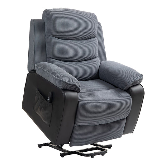 HOMCOM Riser Recliner Chair for Elderly, Electric Power Lift Recliner Armchair, Corduroy PU Leather Patchwork, Dark Grey