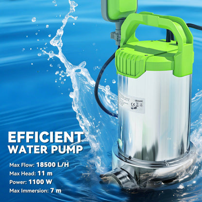 Outsunny 1100W Submersible Water Pump for Dirty/Clean Water, 18500L/H Electric Sump Pump with Float Switch, Drain Water from Garden Pond, Hot Tub, Ditches, Portable and Lightweight, Green