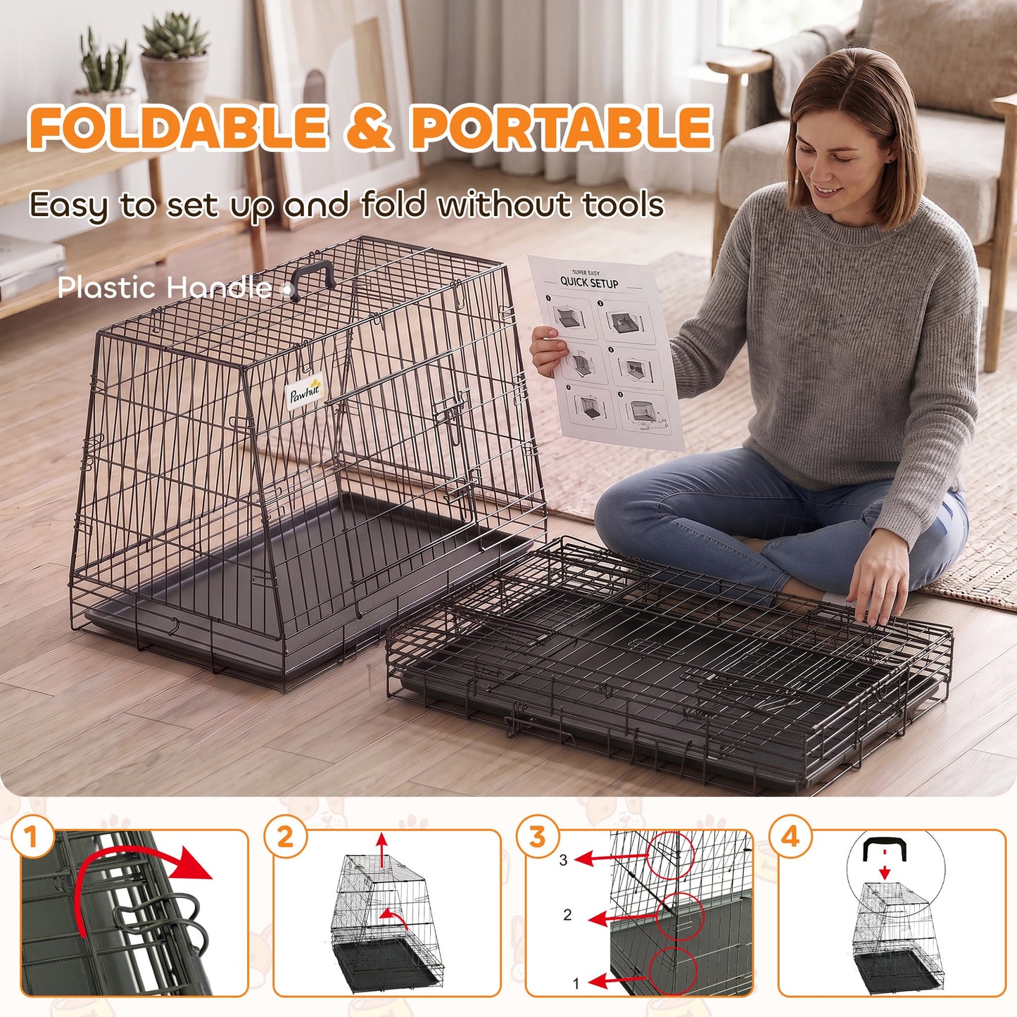 PawHut 35"(90 cm) Car Dog Crate Medium Large Collapsible Slanted Travel Dog Cage with Tray for Car Boot