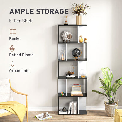 HOMCOM Bookcase, S-Shaped Wooden Bookshelf, 5/6 Tiers Freestanding Storage Shelf, Home Office Decorative Display Stand Rack, Black and White, 24D x 60W x 184.5H
