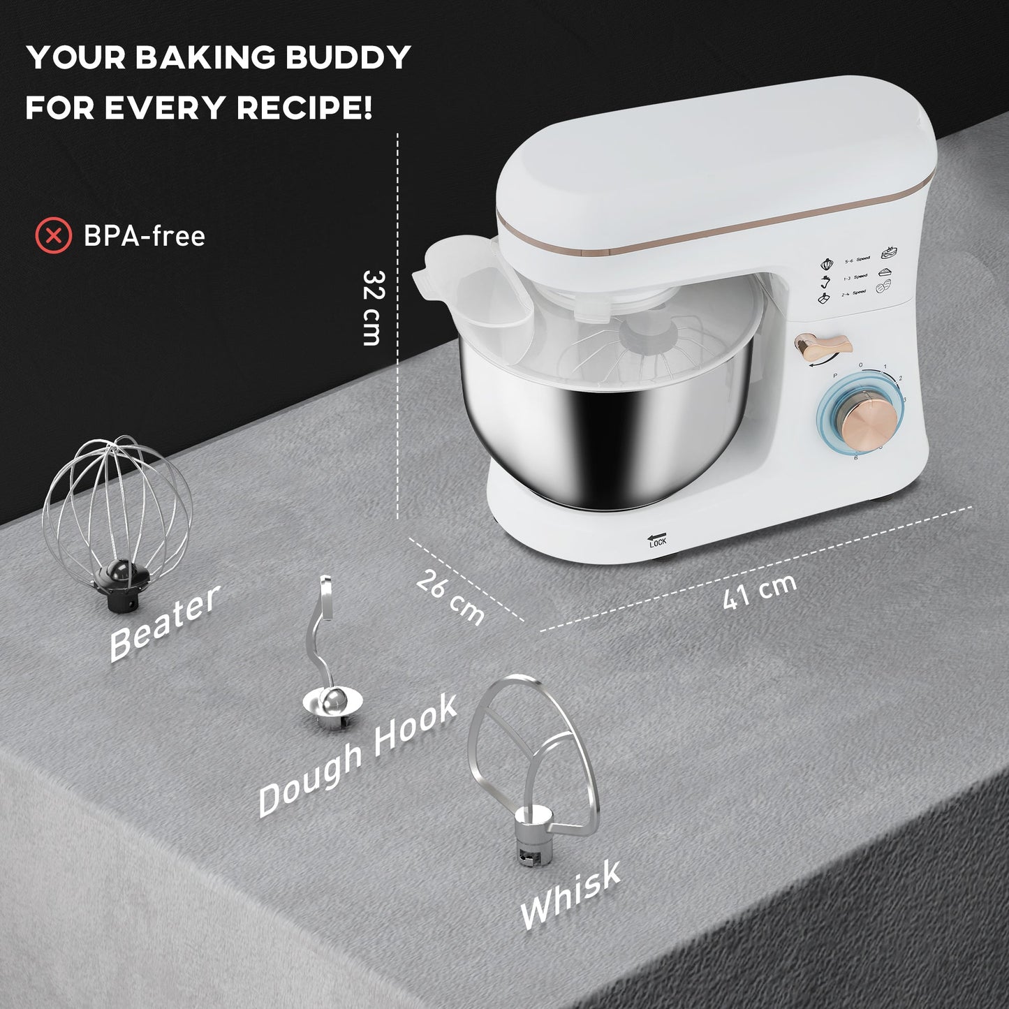 HOMCOM Stand Mixer, 5L Food Mixer for Baking, 6 Speeds and Pulse Setting, 1400W Cake Electric Kitchen Mixer with Dough Hook, Whisk, Stainless Steel Bowl, Splash Guard, Beater, White