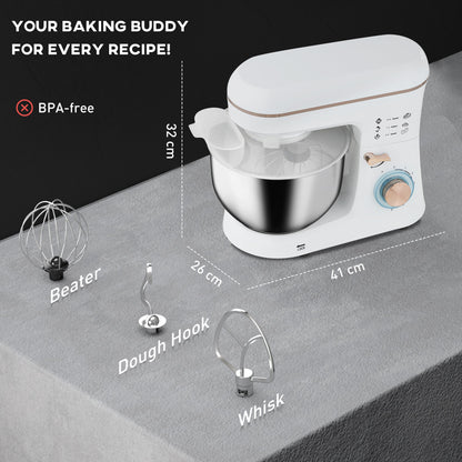 HOMCOM Stand Mixer, 5L Food Mixer for Baking, 6 Speeds and Pulse Setting, 1400W Cake Electric Kitchen Mixer with Dough Hook, Whisk, Stainless Steel Bowl, Splash Guard, Beater, White