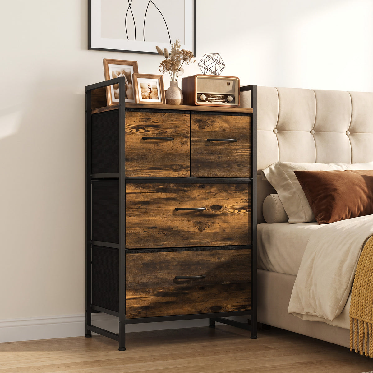 HOMCOM Rustic Chest of Four Fabric Drawers in Rustic Brown