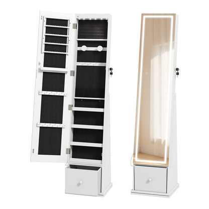 HOMCOM Swivel Jewelry Cabinet with LED Lights, Lockable Standing Full Length Mirror with Storage, 3-Colour Dimmable, White