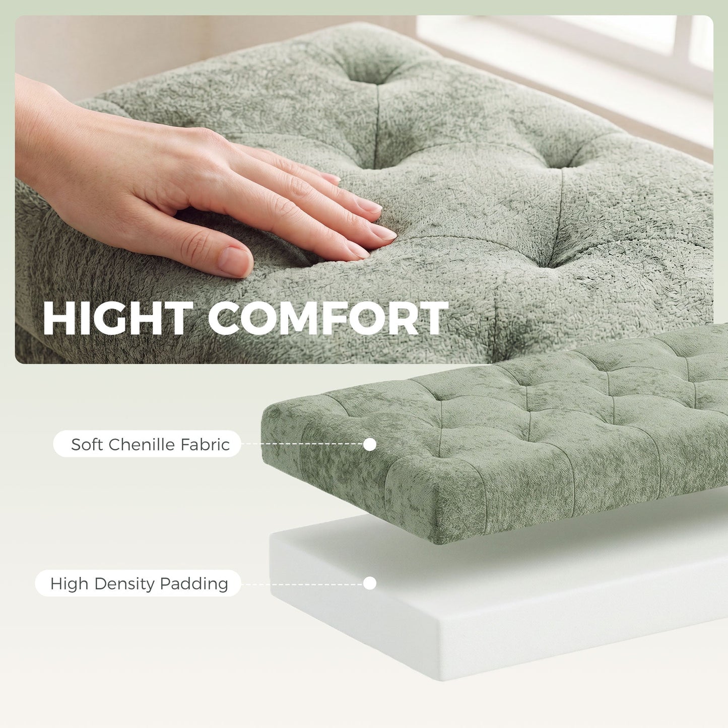 HOMCOM Storage Ottoman, Chenille Upholstered Ottoman Storage Box with Padded Seat, Metal Legs, 114 x 41 x 45 cm, Light Green