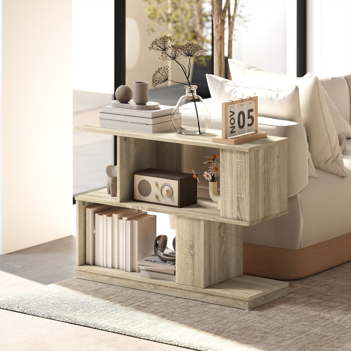 HOMCOM S-Shaped Side Table - Natural Wood Finish