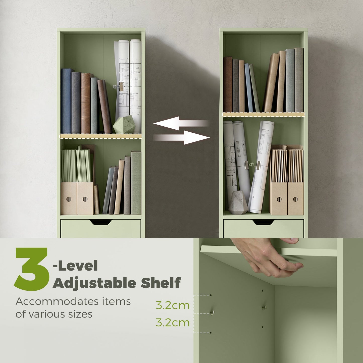 HOMCOM 6-Tier Bookcase, Tall Narrow Bookshelf with Drawer and Door - Green