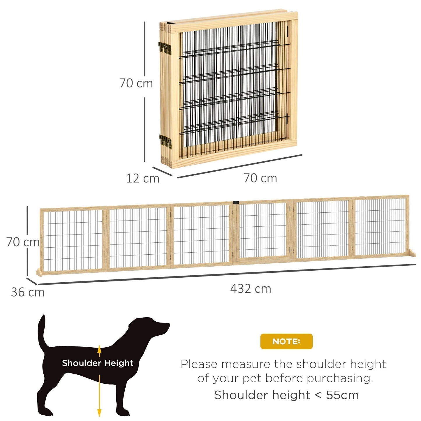 PawHut Wooden Pet Gate, Freestanding Dog Security Barrier with Two Support Feet - Natural Tone