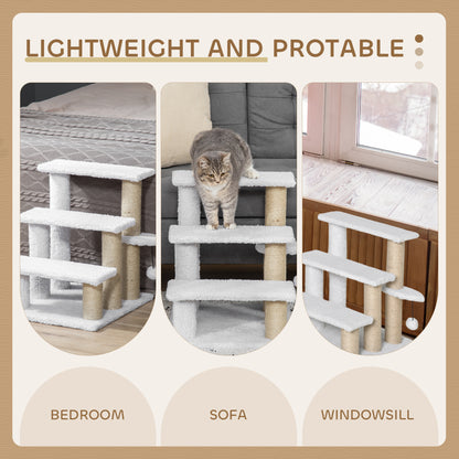 PawHut Pet Stair with 3-step Climb Ladder, Scratching Posts, Platforms, Toy Ball, for Indoor Elderly Cats Kittens, White