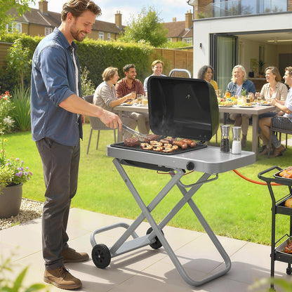 Outsunny Foldable Gas BBQ Grill with Side Table, Portable Gas Barbecue Grill with Thermometer, Grease Box, Wheels, 2.5 kW, Black