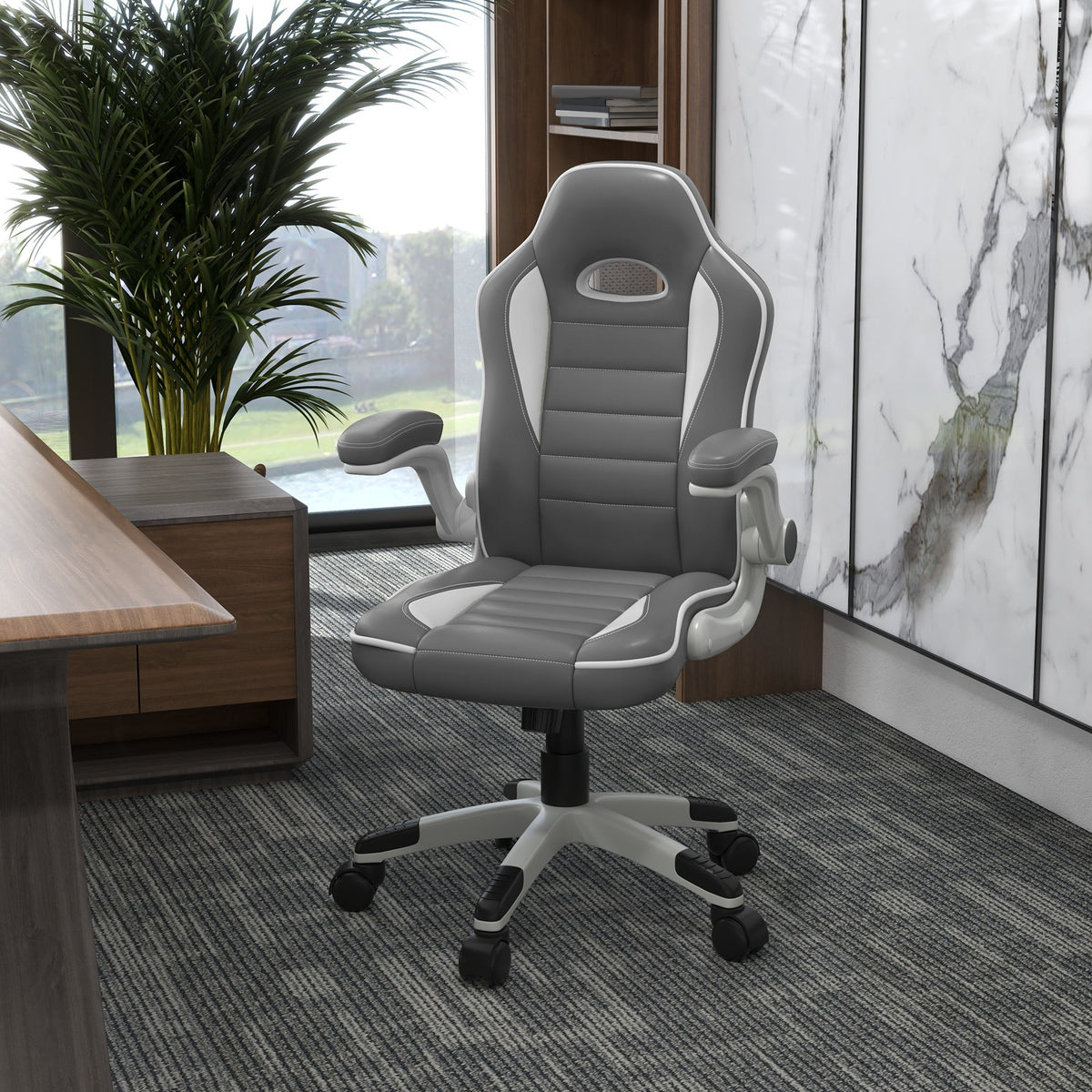 Vinsetto Computer Gaming Chair, Office Desk Swivel Chair, PU Leather Racing Chair with 90  Flip-up Armrest, Adjustable Height and Rolling Wheels, Grey