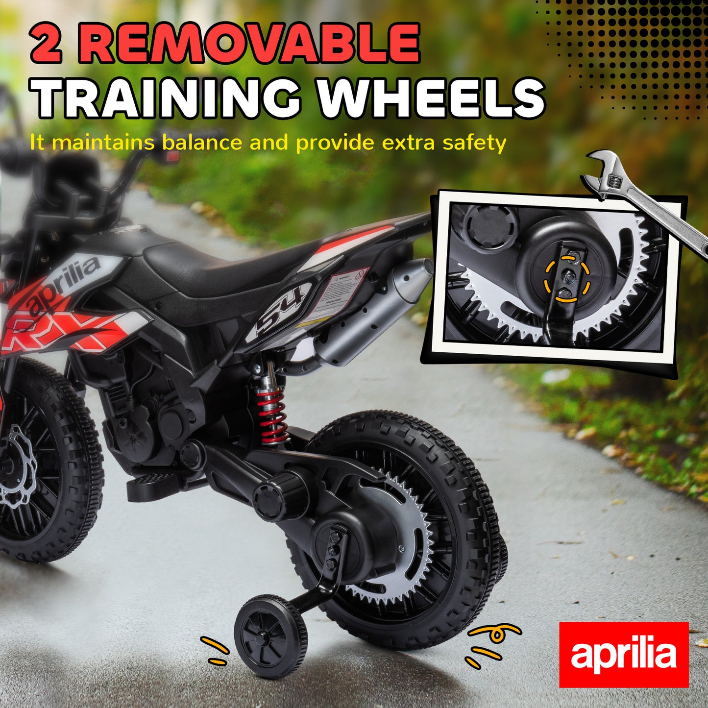 دراجة نارية للأطفال من AIYAPLAY، ١٢ فولت، مرخصة من Aprilia، مزودة بعجلات تدريب، ونظام تعليق زنبركي، ومصباح أمامي LED، وUSB، وموسيقى، لون أحمر/أسود