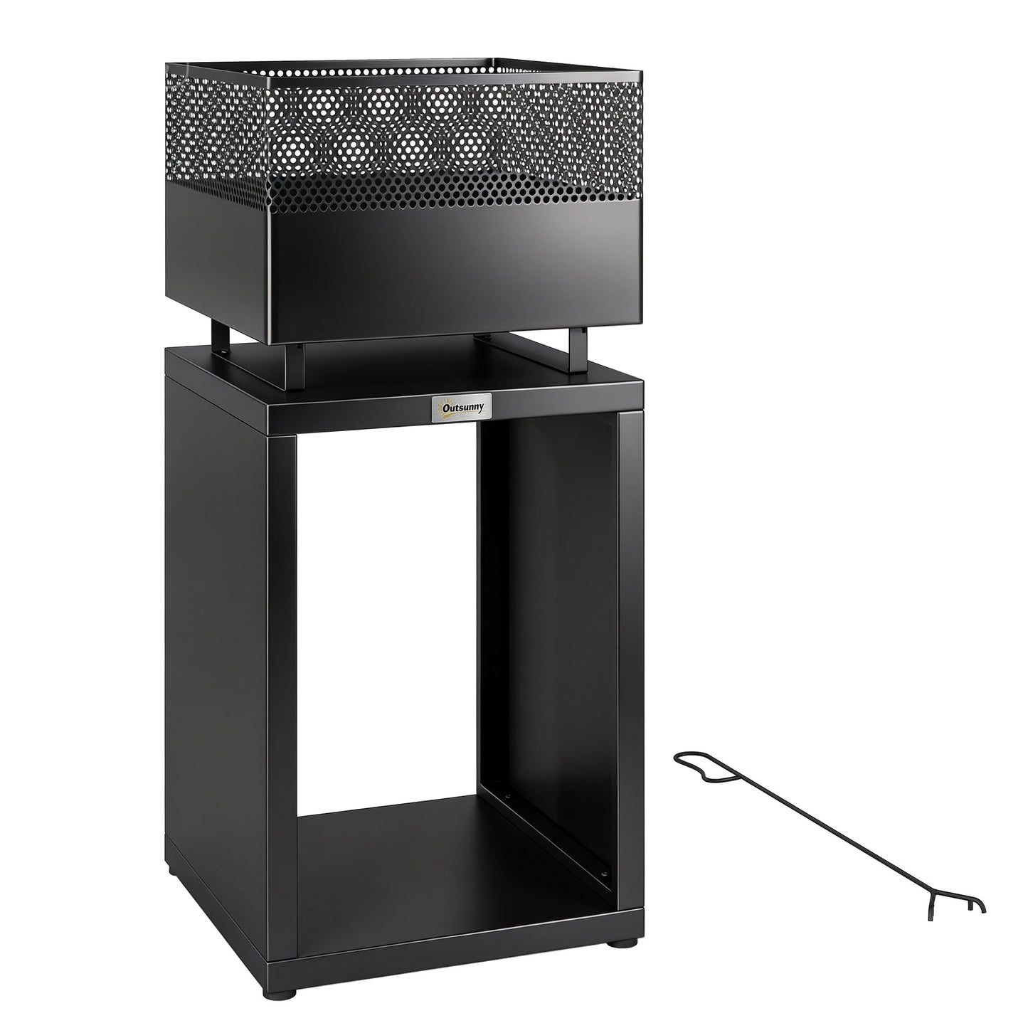 Outsunny Outdoor Fire Pit with Wood Storage Wood Burning Firepit with Mesh Sides 87 cm Black