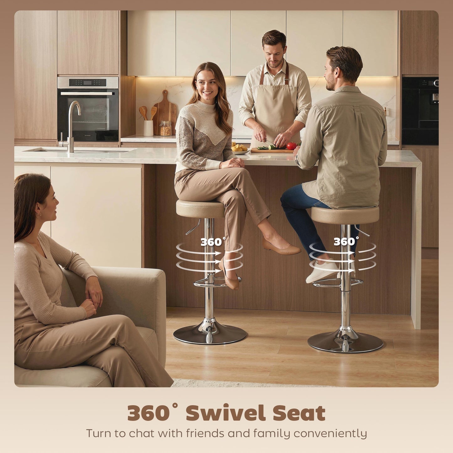 HOMCOM Bar Stools Set of 2, Modern PU Leather Swivel Barstools, Height Adjustable Breakfast Bar Chairs with Footrest, Brown
