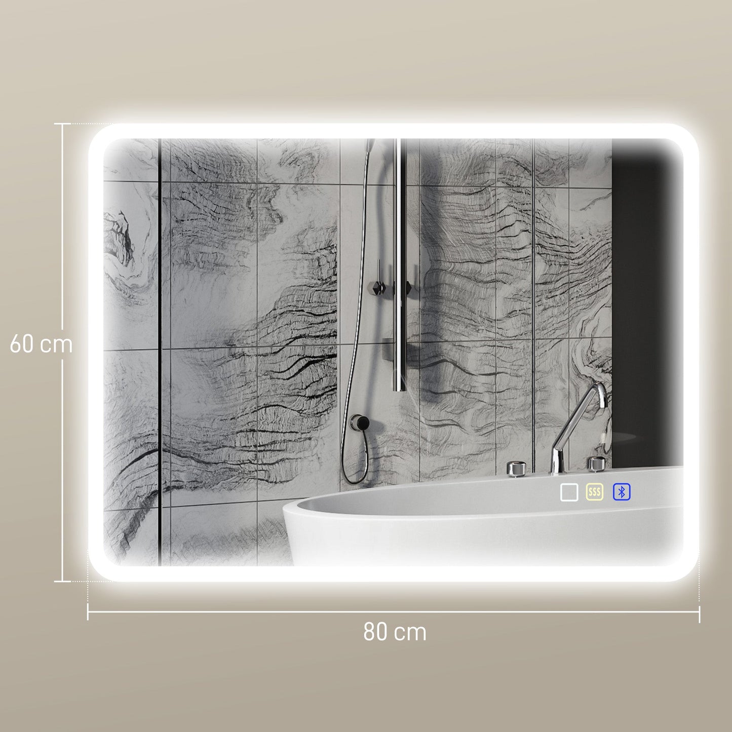 مرآة حمام LED من هوم كوم 80 × 60 سم، مع بلوتوث - لون فضي
