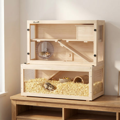 PawHut Wooden Hamster Cage with Hut, Wheel, Ramps, Removable Viewing Panels, 80 x 50 x 84 cm, Natural
