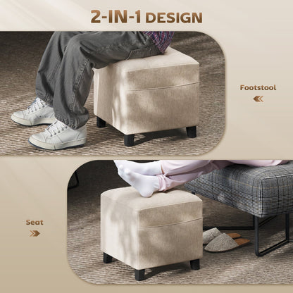 HOMCOM Small Ottoman, Square Footstool with Side Pocket, Rubber Wood Legs and Padded Seat for Living Room, Beige