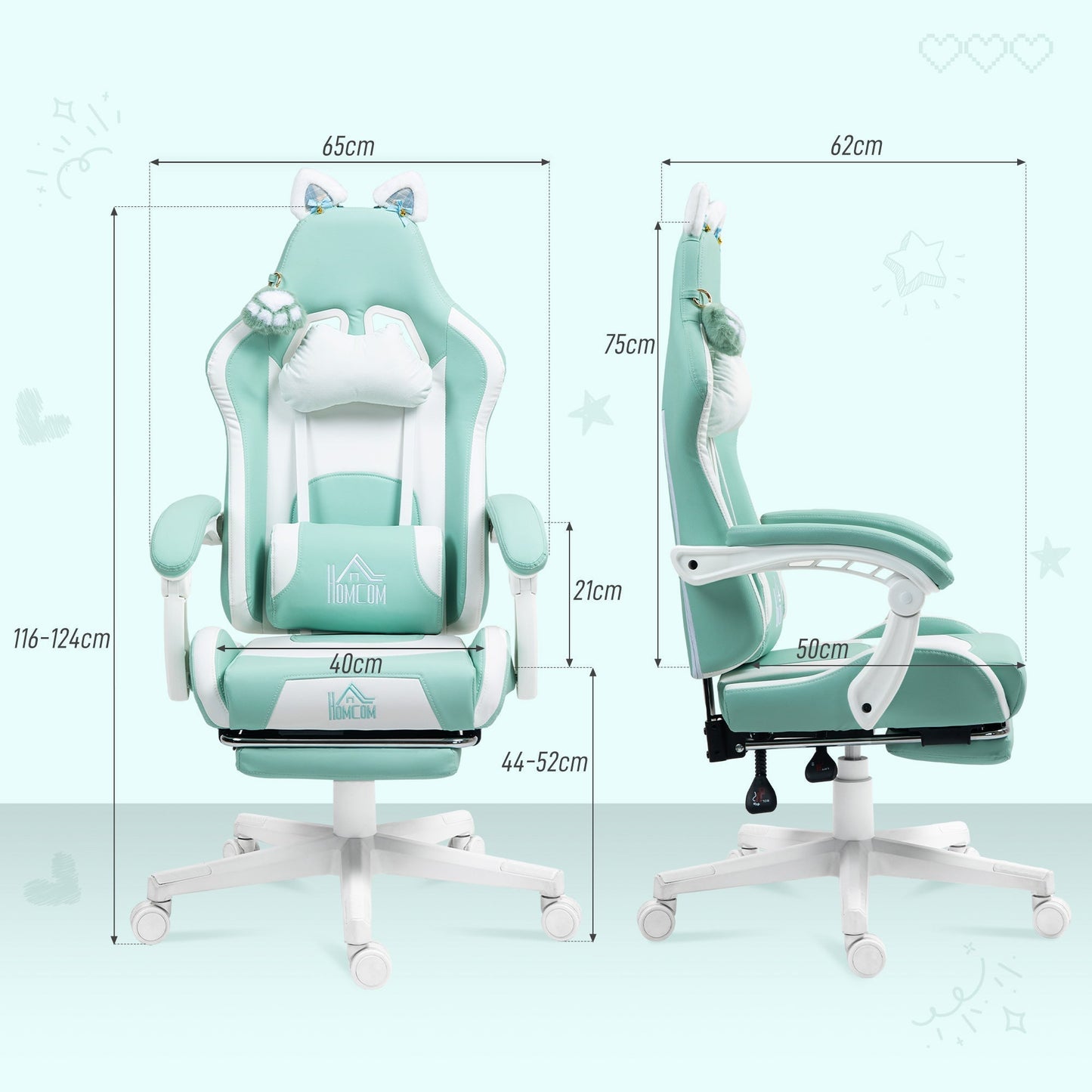HOMCOM Cat Ear and Paw Reclining Office Chair, with Footrest - Light Blue/White