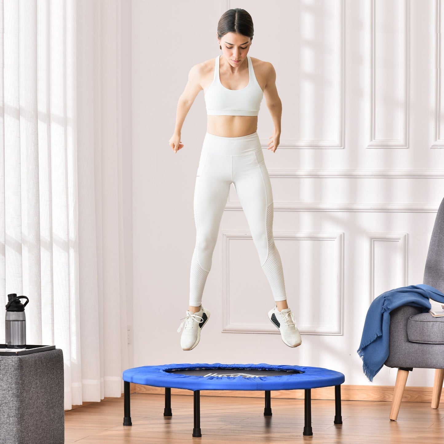 HOMCOM a91 Mini Fitness Trampoline Home Gym Yoga Exercise Rebounder Indoor Outdoor Jumper with Safety Pad, Support Up to 100 KG, Blue and Black
