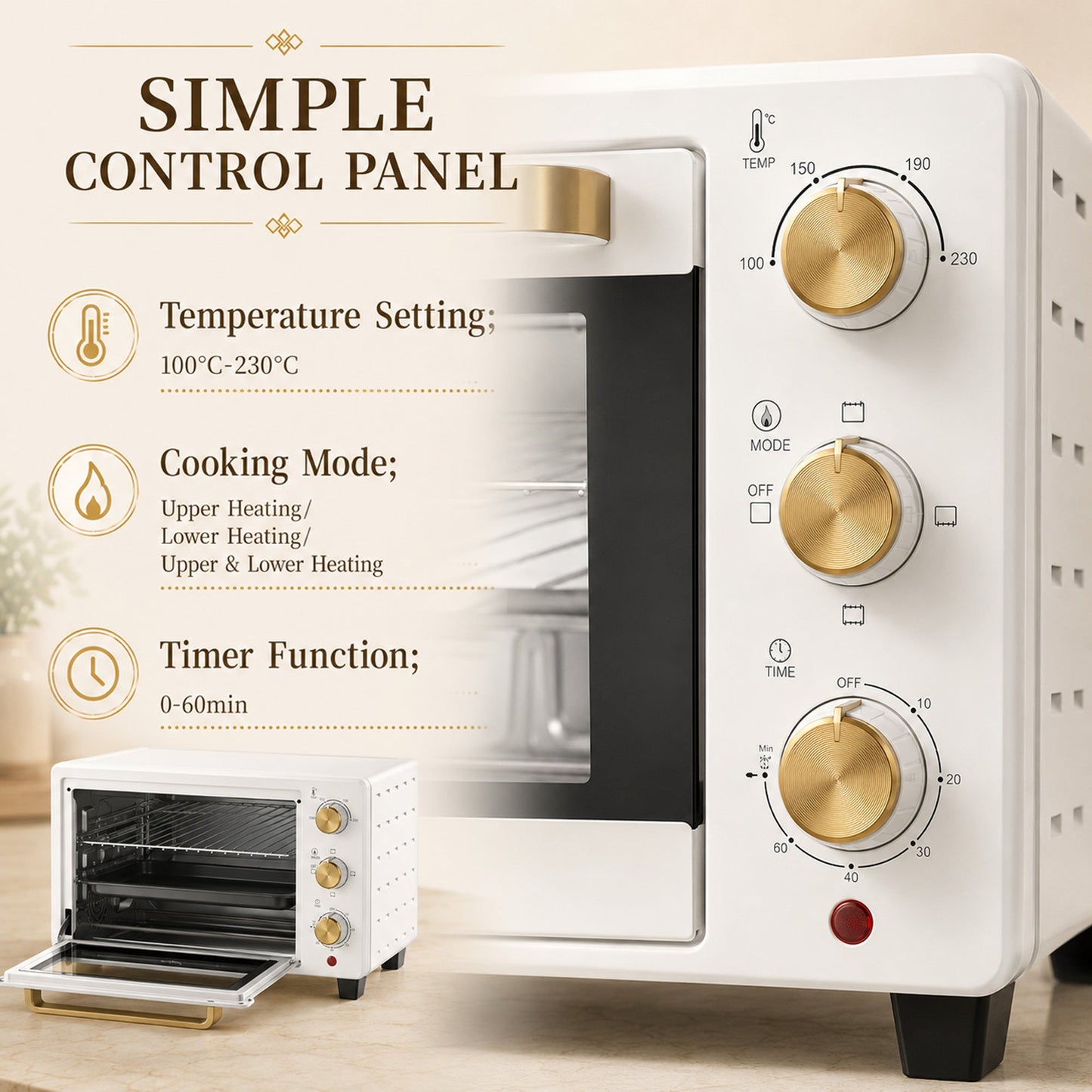 HOMCOM 21L Mini Countertop Oven, 100°C-230°C Adjustable Temperature, White