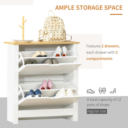 HOMCOM Narrow Shoe Cabinet, Space Saving Shoe Storage Cabinet with 2 Flip Drawers and Adjustable Shelves for 6-12 Pairs of Shoes for Hallways and Living Room, White