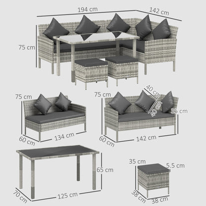 طقم سفرة من الروطان بستة مقاعد من Outsunny يتكون من أريكة وطاولة ومقعد قدم للاستخدام الخارجي مع وسائد، أثاث حدائق، رمادي داكن