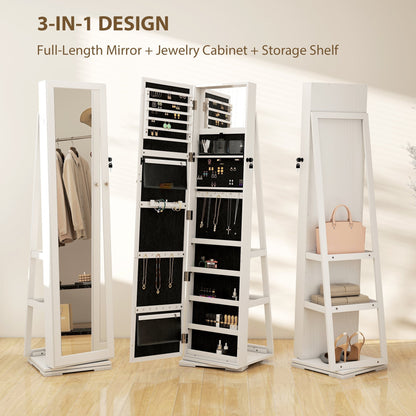 HOMCOM 360 degrees Swivel Jewellery Cabinet, Free Standing Full Length Mirror with Storage, Lockable Jewellery Organiser with Built-in Makeup Mirror and Storage Shelves for Bedroom, White