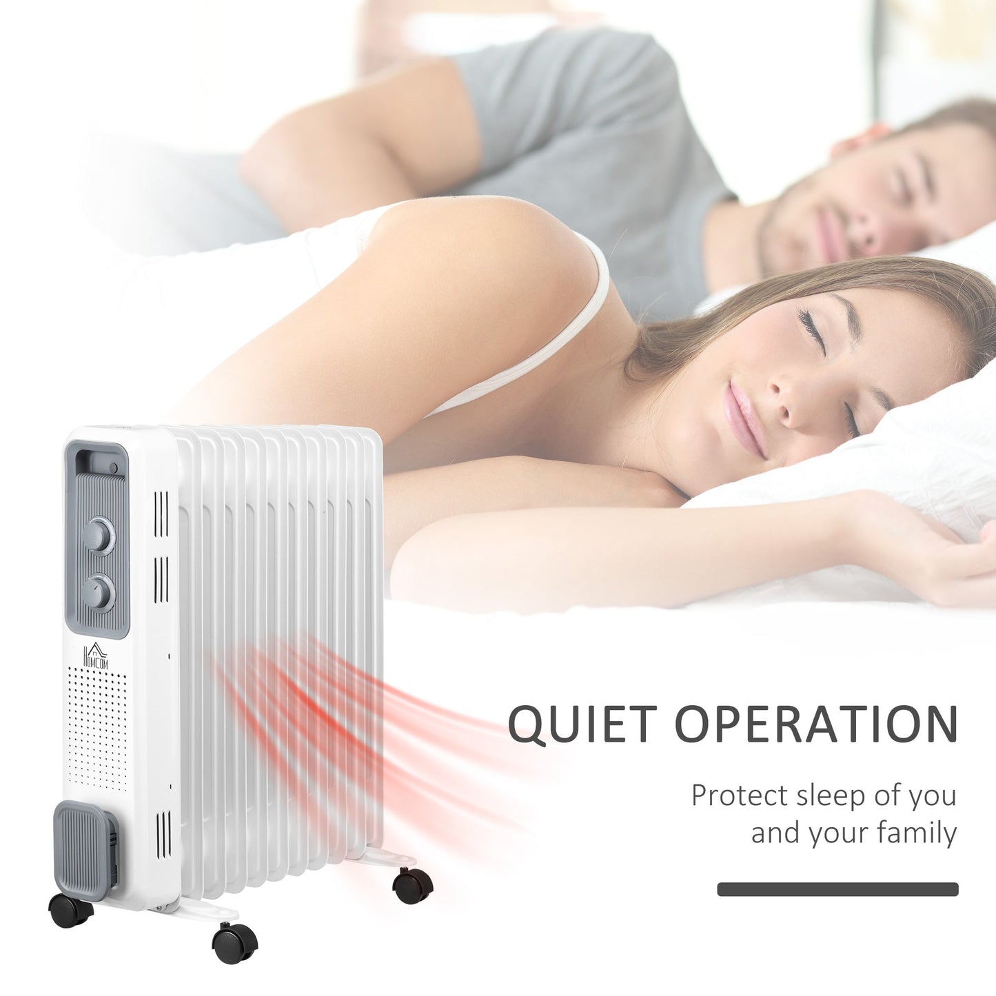 HOMCOM 2500W Oil Filled Radiator, 11 Fin, Portable Electric Heater with 3 Heat Settings, Safety Cut-Off and Wheels, White