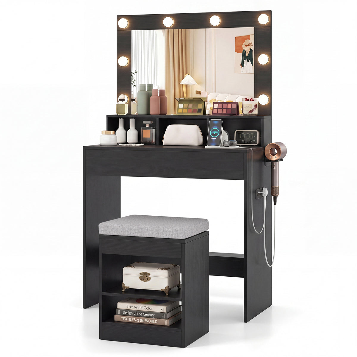Makeup Vanity Desk Set with Mirror and Lights and Stool 3-Color LED-Black