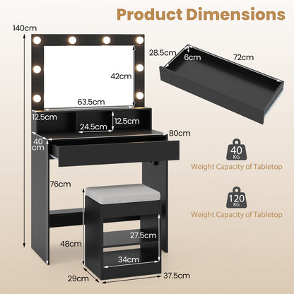 Makeup Vanity Desk Set with Mirror and Lights and Stool 3-Color LED-Black
